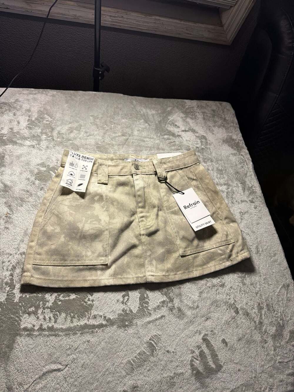 Refrain Los Angeles Acid Wash Beige Denim Utility Mini Skirt